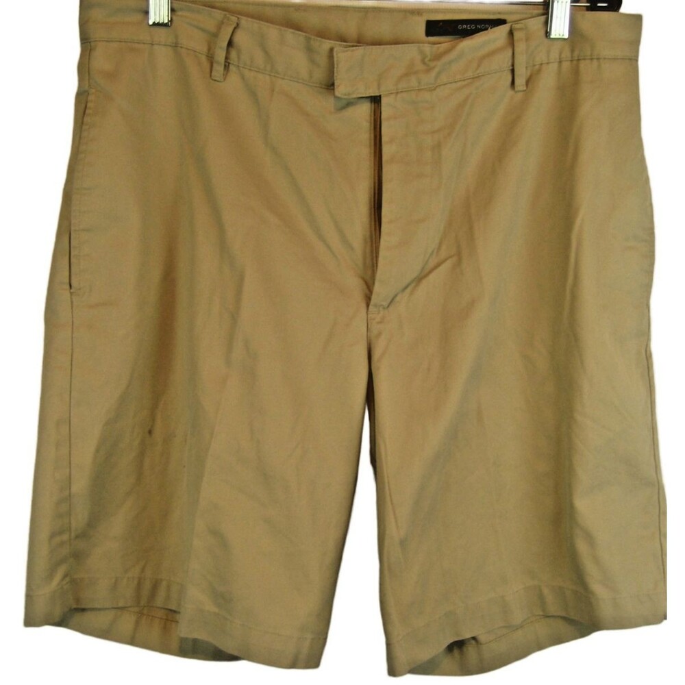 Mens Greg Norman Khaki Flat Front Cotton Golf Shorts sz 36x9
